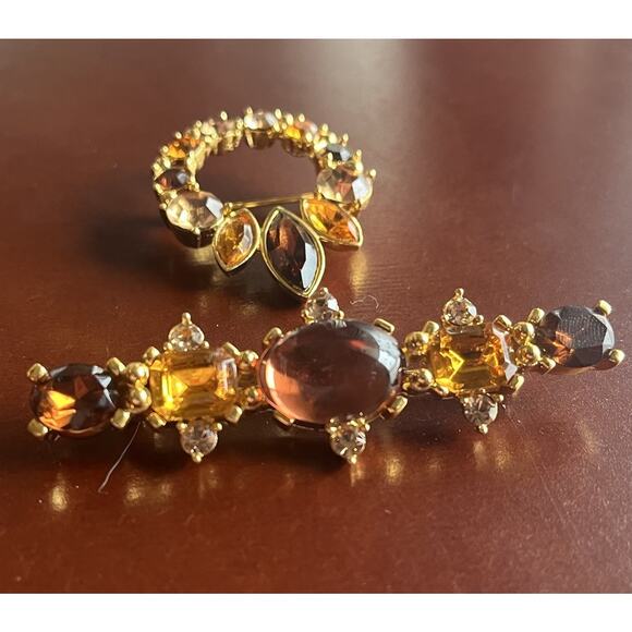 Lia Wreath Bar Brooch Pin G old Tone Lot Red Yellow Rhinestone Matching Gift Set - Picture 3 of 13